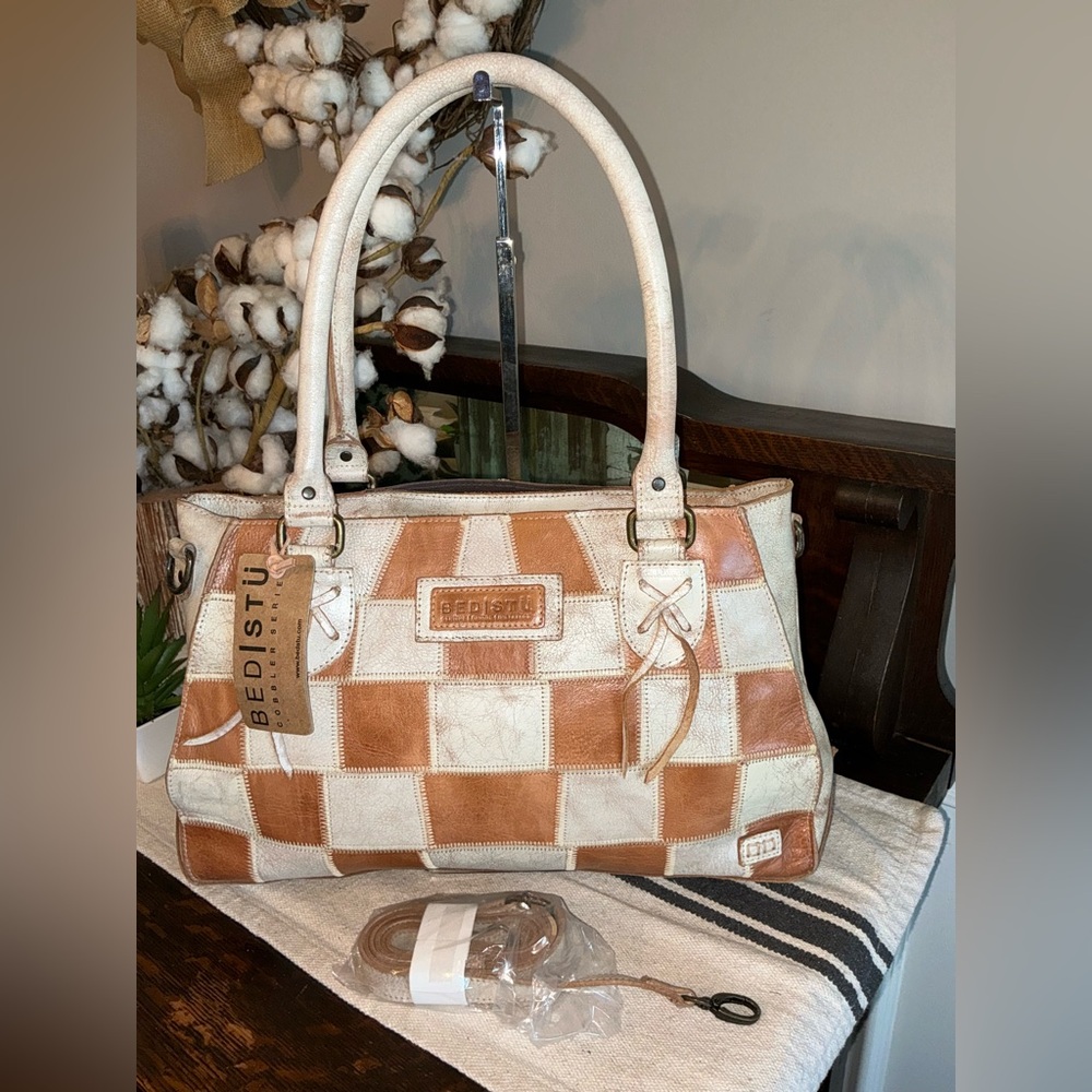 Bed Stu Checkered Tan and Cream Shoulder Bag
